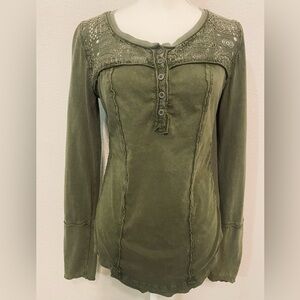Free People Long Sleeve Olive Henley Top with Lace Size M